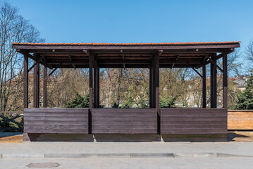 Empty Street Market Wooden Stall On Sidewalk