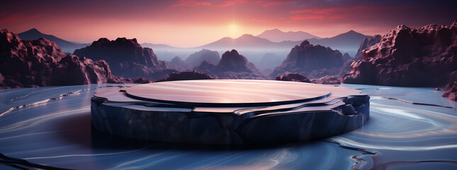 Des montagnes se dressent majestueusement sous un ciel embras&eacute; au lever et au coucher du soleil, entour&eacute;es de brume et de lacs tranquilles.