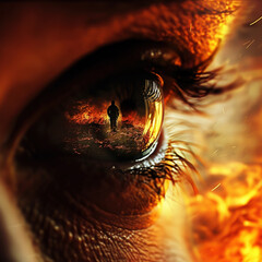The eye of a firefighter with a reflection of another firefighter and flames.