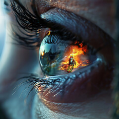 Closeup of the eye of a firefighter with a reflection of another firefighter and flames.
