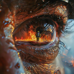 Closeup of the eye of a firefighter with a reflection of another firefighter and flames.