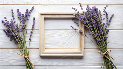 A minimalist flat lay composition with a frame of dried lavender flowers, adding a touch of rustic charm.