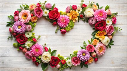 A creative arrangement of flowers forming a heart-shaped frame, symbolizing love and romance 