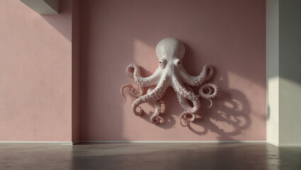 A white octopus figurine with its tentacles curled up against a pink background.

