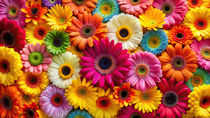 Fototapeta na wymiar A close-up of colorful gerbera daisies arranged in a heart shape, radiating happiness and positivity