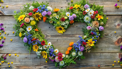 A charming display of wildflowers arranged in a heart-shaped frame, evoking feelings of warmth and affection