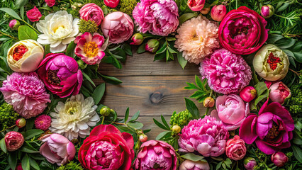 An overhead shot of a circular frame filled with vibrant peony blooms and lush greenery, creating a stunning floral display.