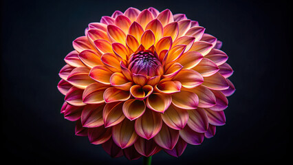 A macro shot of a single dahlia blossom set against a dark background, highlighting its intricate petals and vibrant colors.