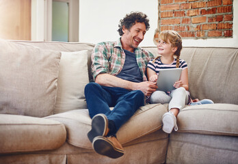Home, father or girl with tablet, typing or happiness with connection, online game or social media. Apartment, family or parent with kid, dad or child with tech, internet or bonding together with app
