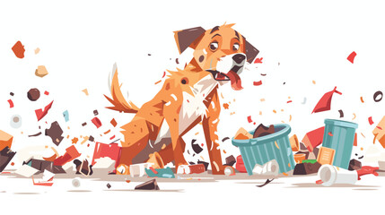 Dog in mess and chaos among garbage trash. Naughty mi