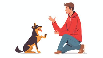 Dog obeying to giving paw command. Man training educa