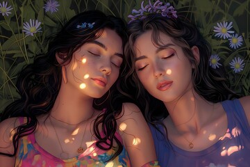 Obraz premium Serene Portrait of Two Women Resting Peacefully Among Nature, Illuminated by Sunlight, Reflecting Intimacy and Connection During Pride Month 