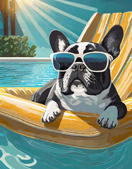 Drawing illustration of a cute French bulldog wearing sunglasses floating in a tropical swimming pool with copy space..