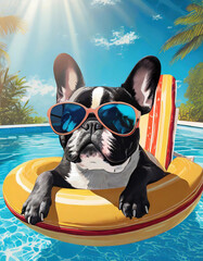 Drawing illustration of a cute French bulldog wearing sunglasses floating in a tropical swimming pool with copy space..