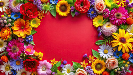 A vibrant floral frame with mixed flowers on a bright red background, perfect for festive and celebratory themes.