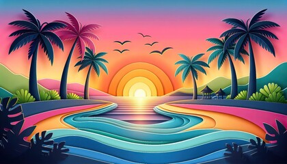 Serene tropical sunset with palm silhouettes and ocean reflections