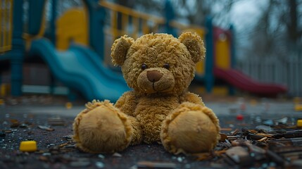 a lonely brown teddy bear lying desolately on the playground floor, its once vibrant fur now dulled with loneliness