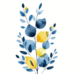 A minimalist watercolor painting featuring blue and yellow flowers on a white background
