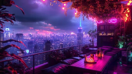 A cyber rooftop barbecue with neon lights, digital decorations, and a hightech cityscape, Cyberpunk, Digital Art