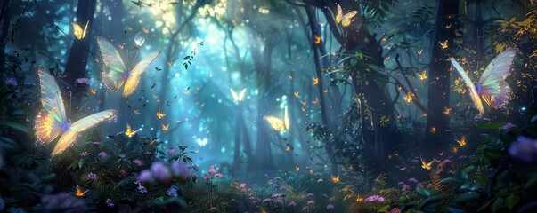 Fairy butterflies with shimmering wings gliding through a magical forest, illuminated by soft, ethereal light filtering through the dense foliage
