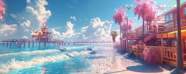 A digital beach with holographic lifeguards, AIcontrolled waves, and a futuristic boardwalk, Tech, 3D Render4