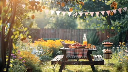A family barbecue in a vintage backyard setting, with classic picnic tables and retro decorations,...
