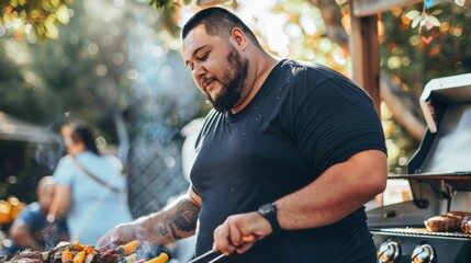 Plus-size man in a black t-shirt mockup, grilling at a family gathering in backyard