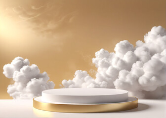 Background podium white 3d product sky platform display cloud pastel scene render stand. gold podium stage minimal abstract background beauty dreamy space studio pedestal smoke showcase geometric