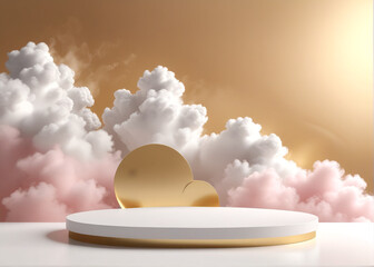 Background podium white 3d product sky platform display cloud pastel scene render stand. gold podium stage minimal abstract background beauty dreamy space studio pedestal smoke showcase geometric