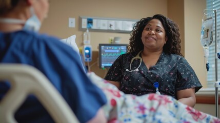 Portrait of a plus-size nurse caring for a patient in a hospital room