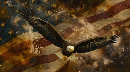 A majestic bald eagle soars gracefully amidst a backdrop of billowing stars and stripes, embodying the spirit of independence and liberty.