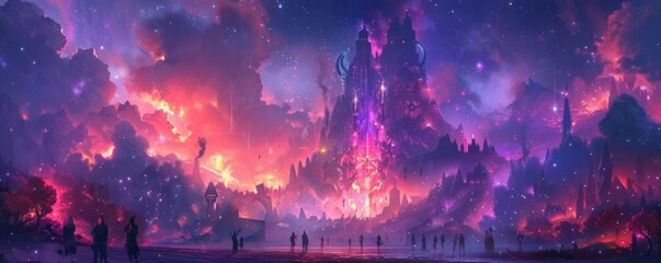 A fantasythemed music festival with mythical creatures, enchanted stages, and magical light effects, Fantasy, Digital Illustration