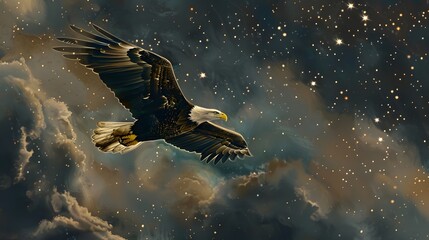 A majestic bald eagle soars gracefully amidst a backdrop of billowing stars and stripes, embodying the spirit of independence and liberty.