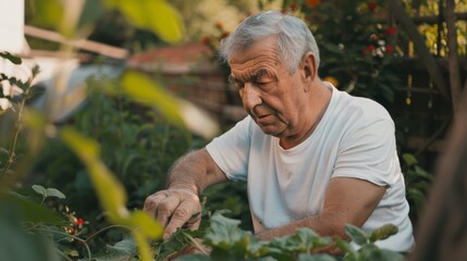 Senior healthy man in a white t-shirt tending to his garden at home