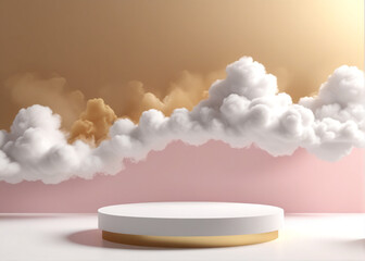 Background podium white 3d product sky platform display cloud pastel scene render stand. gold podium stage minimal abstract background beauty dreamy space studio pedestal smoke showcase geometric