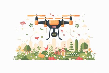 Naklejka premium Smart farming and hybrid technology, drone operation for monitoring fields, digital agriculture vehicle, aerial view of tulip cultivation, precision agriculture, and vector farming digitalisation