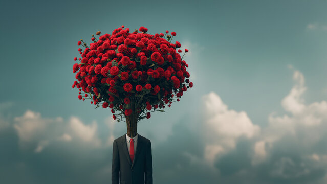 Süßes Cartoon Männchen mit vielen roten Rosen verliebt in witzig dargestellt