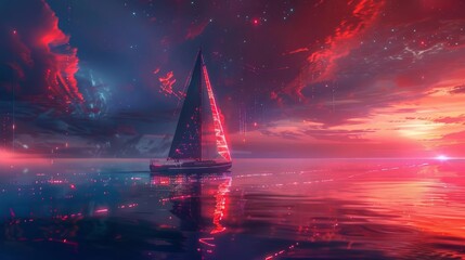 A futuristic boat on a serene lake with holographic sails and AI navigation, surrounded by neonlit water, Futuristic, Digital Art