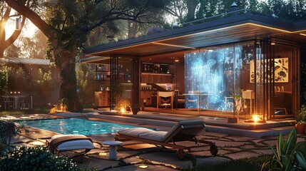 A hightech backyard barbecue with interactive holograms, digital sunbathing mats, and AIdriven activities, Tech, Digital Illustration