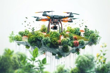 Smart farming with hybrid drone operation, digital agriculture vehicle, aerial monitoring of fields, vector farming digitalisation, and industry drone for tulip cultivation