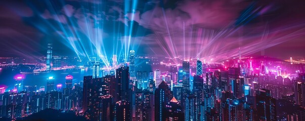 Obraz premium A hightech rooftop music festival with a cityscape backdrop, AIcontrolled light shows, and neon lighting, Tech, Digital Art