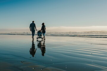 A beautiful scene of a man and woman walking with a stroller along the beach. Capturing the happy moments of a beach stroll