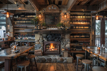 A rustic winery with a cozy tasting room, guests enjoying wine by a fireplace, a warm and inviting atmosphere highlighting the hospitality of the wine industry.