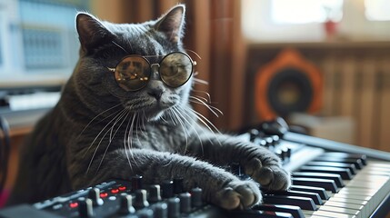 A gray cat pianist in round glasses presses a synthesizer key with his paw