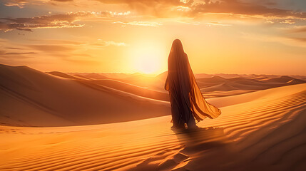 Arabian woman walk in the desert sand and dunes at sunset  - Powered by Adobe