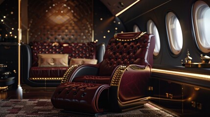 Experience Unmatched Luxury in this D Rendered VIP Airplane Seat with Soft Ambient Lighting and Rich Gold Accents
