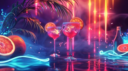 Fototapeta premium A neon beach party with glowing drinks, digital music waves, and futuristic dance floors, Neon, Digital Illustration4