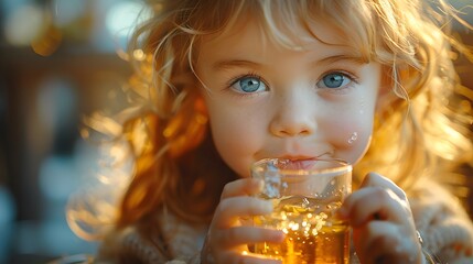 a pretty little child takes a refreshing sip of fresh water from a glass, the sunlight casting a warm glow on their innocent face