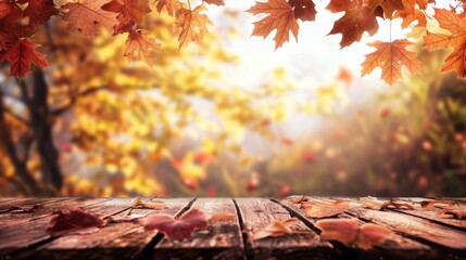 Naklejka na ściany i meble Wooden table with orange fall leaves, autumn natural background