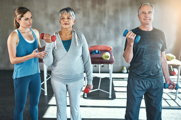 Physical therapy, dumbbell and senior people with support, help and muscle workout for recovery or...